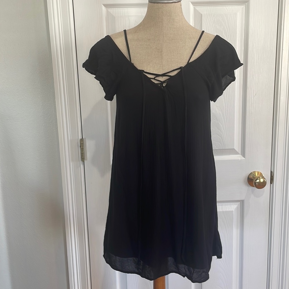 Mimi chica dress black spaghetti straps criss cross front ties short mini XS